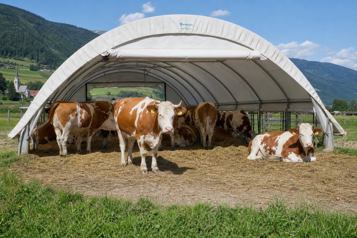 Rinder unter einem weißen Weidezelt auf grüner Weide
