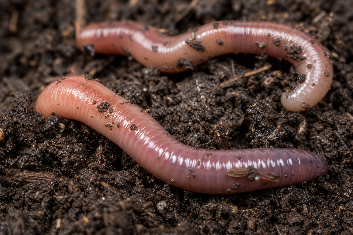 Makroaufnahme eines Regenwurms in dunklem, feuchtem Humusboden