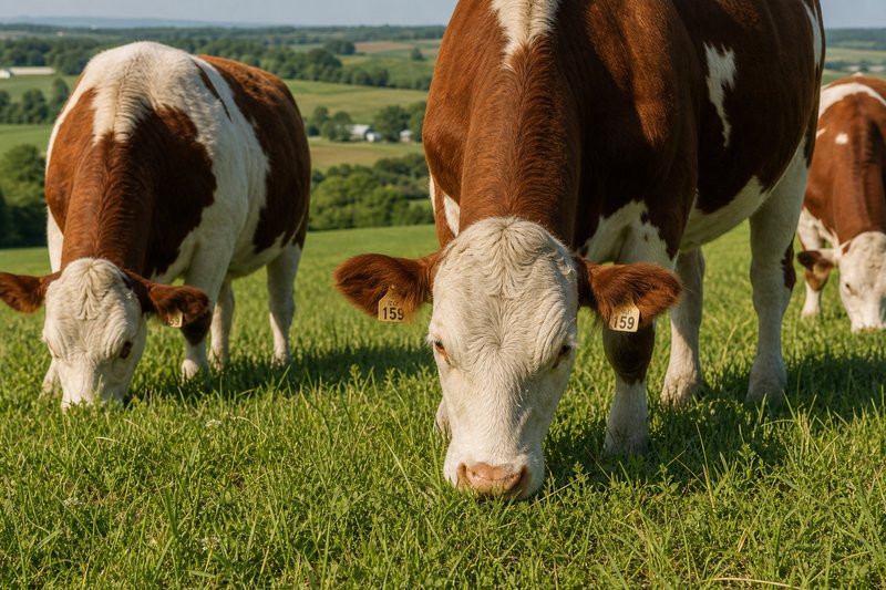 Rinder auf grüner Weide – gesunde Tiere bei der Beweidung mit Farmlandschaft im Hintergrund